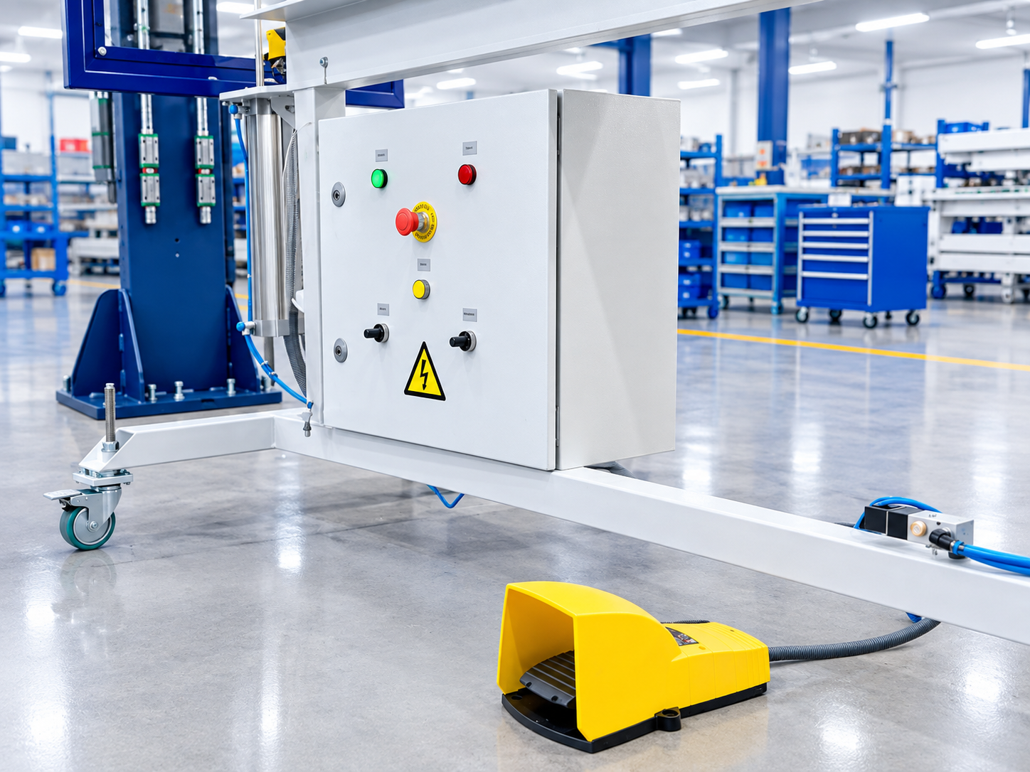 Cuadro eléctrico y pedal de accionamiento de la barra de sellado de colchones BS-2000 de Danluk Engineering.
