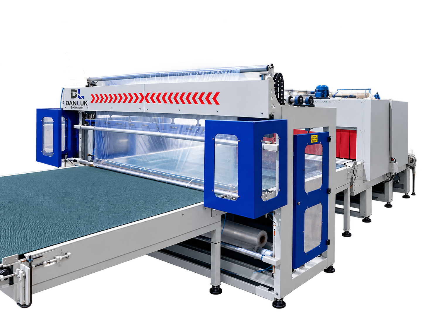 Línea automática de embalaje y retractilado DANLUK para canapés y somieres.