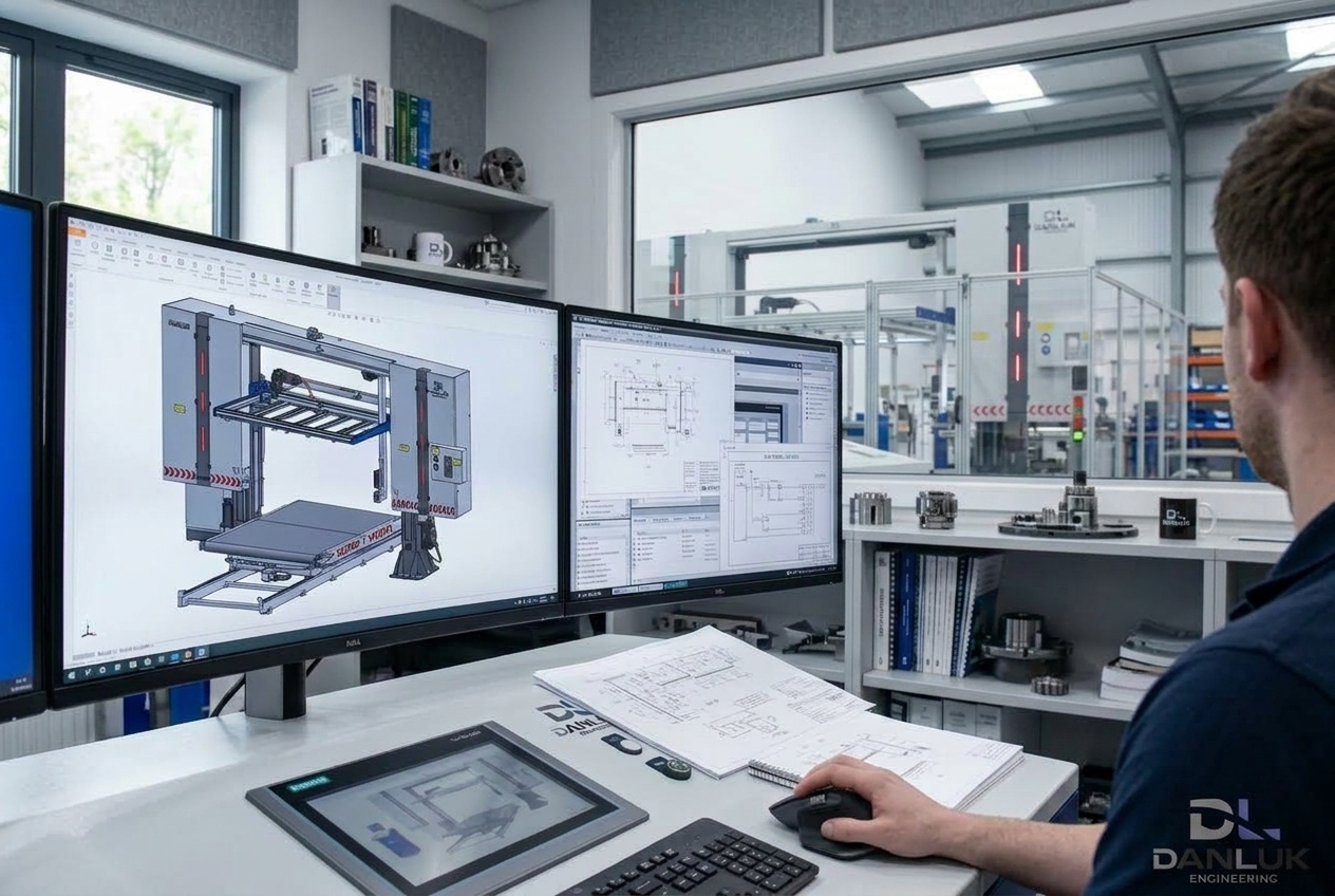 Ingeniero industrial trabajando en estación de trabajo con pantallas dobles de diseño CAD 3D y software de automatización para maquinaria Danluk